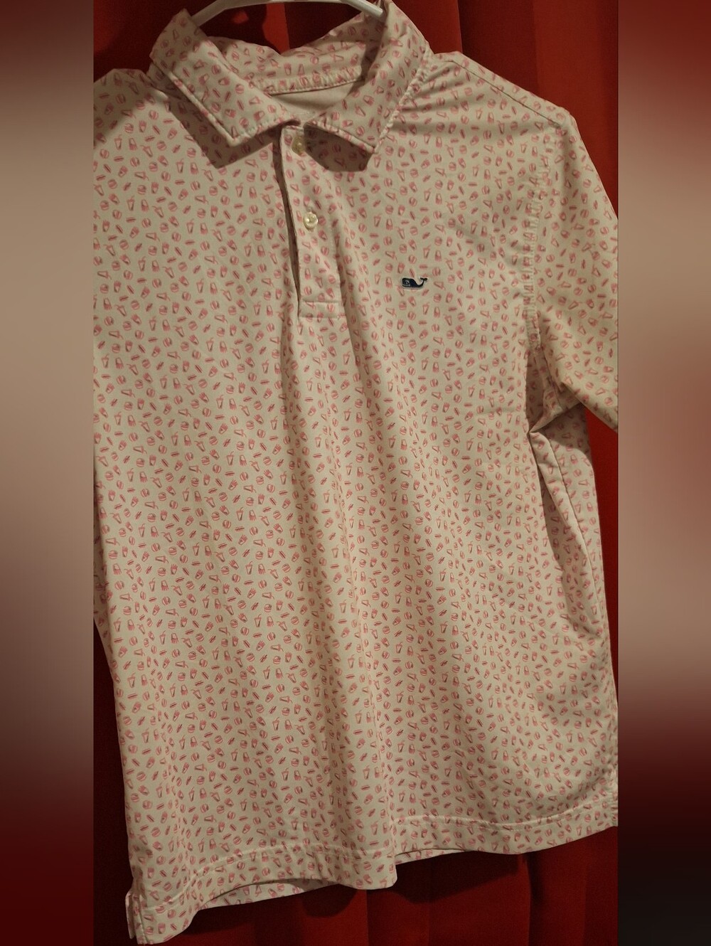 Vineyard Vines Neon Pink Patterned Burger Fries Drink Polo Boys LARGE 16